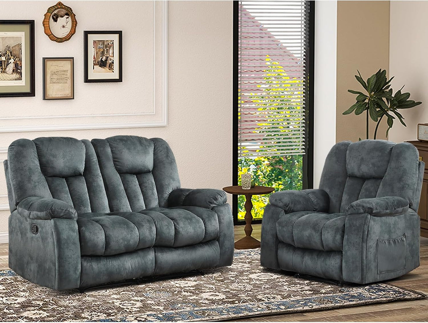 Reclining Living Room Set, Soft Fabric Manual 2 Piece Recliner Sofa Set, Included Recliner Chair with Massage and Heat and Loveseat Daul Recliner, Green Grey(Recliner+Loveseat)-0
