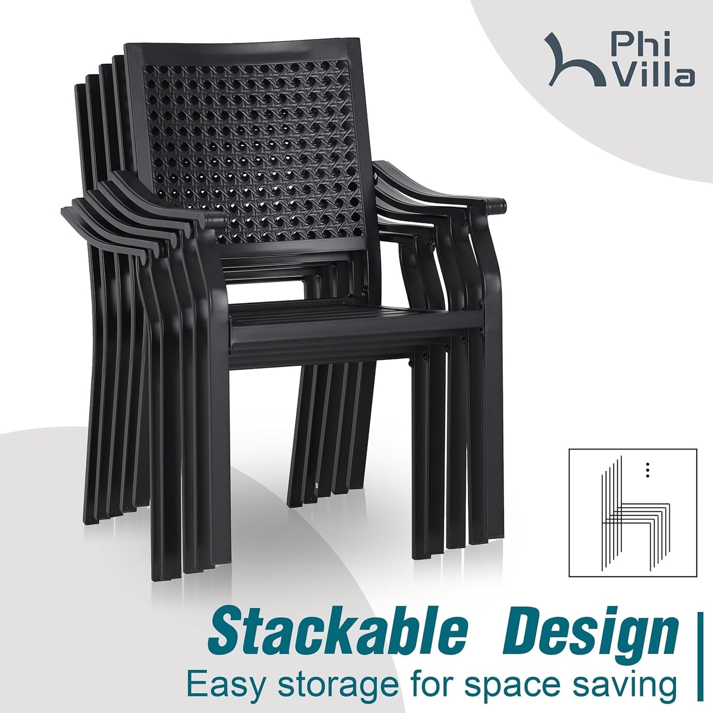 5 Pieces Outdoor Meal Dining Set for 4, Square Wrought Iron Table & Stackable Dining Chairs, Heavy-Duty Dining Furniture Set for Patio, Deck, Backyard, Porch-3