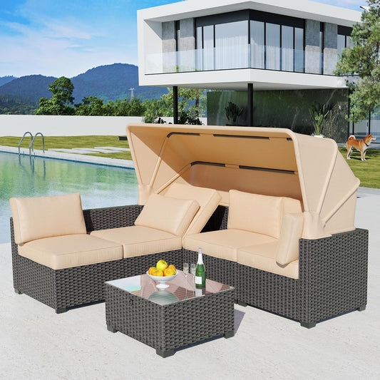 Outdoor Daybed with Canopy,6 Pieces Patio Furniture Sets Adjustable Backrest PE Gradient Wicker Sectional Furniture Set with Tempered Glass Side Table-1