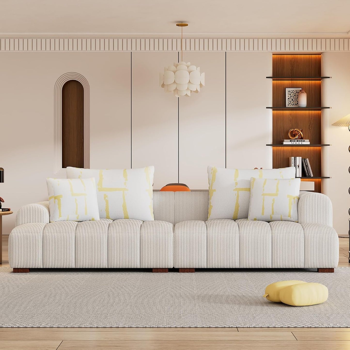 103.9" Living Room Sofa Set, Modern Couch Corduroy Fabric Comfy Sofa with Rubber Wood Legs, 4 Pillows for Living Room/Bedroom/Office, Beige-0