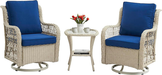 3 Piece Patio Furniture Sets Wicker Swivel Patio Chairs, Swivel Rocking Chairs Set of 2 with Rattan Side Table, 360-Degree Swivel Rocking Chair for Patio Porch Pool (Light Beige), Onesize-1