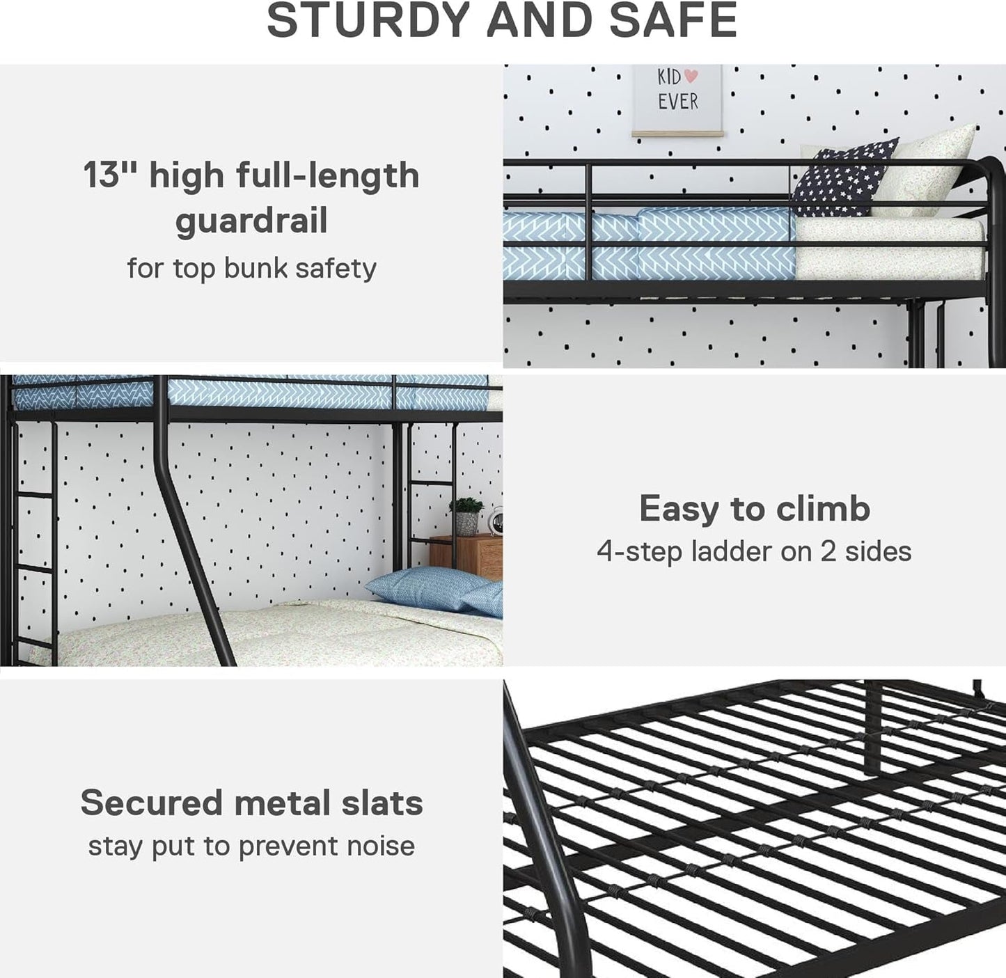 Dusty Metal Bunk Bed Frame for Kids, Teens, and Adults, with Angled Ladder, High Full Length Guardrail, Smooth Rounded Edges, No Boxspring Required, for Small Spaces, Twin-Over-Full, Black-2