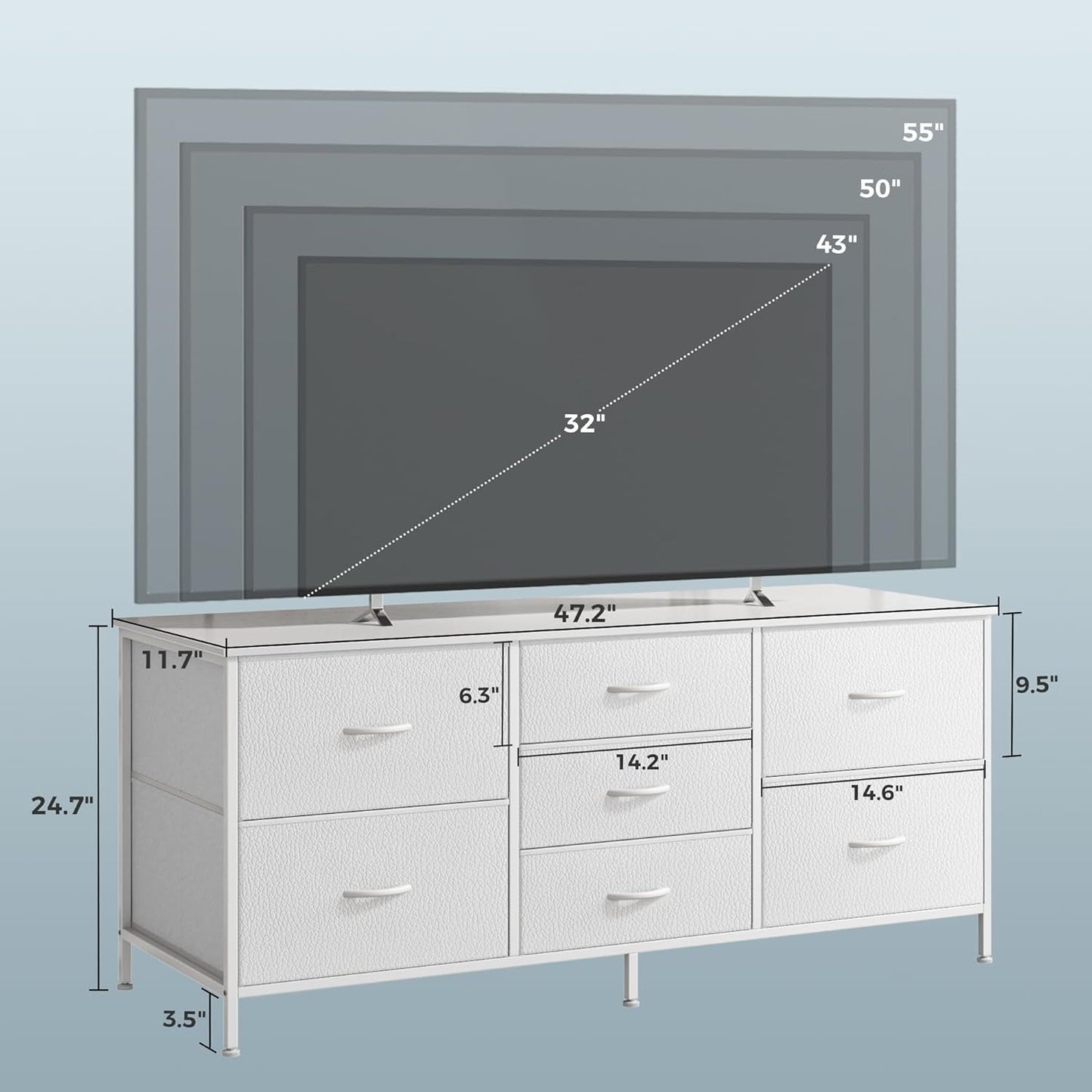 Dresser with 7 Fabric Drawers, 47 Inch Dresser TV Stand for 43, 50, 55 Inch TV, Dresser Chest of Drawers, PU Leather, Metal Frame, Storage Dresser for Bedroom, Nursery, Clothing, White Dresser-2