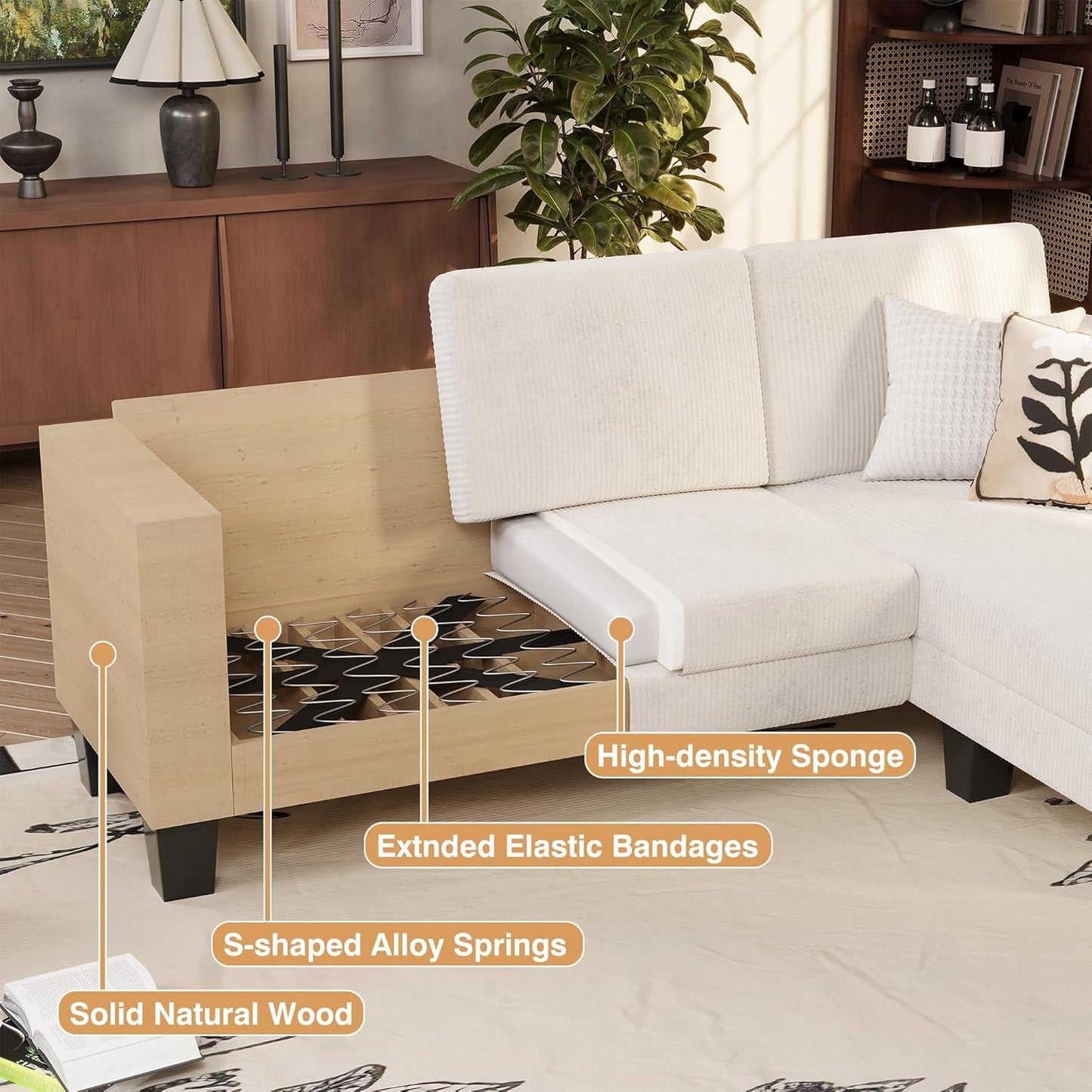 Convertible Sectional Sofa Couch, 3 Seat L-Shaped Sofa with Linen Fabric Ottoman Small Couch for Small Apartments, Living Room and Office (Corduroy, Cream)-3