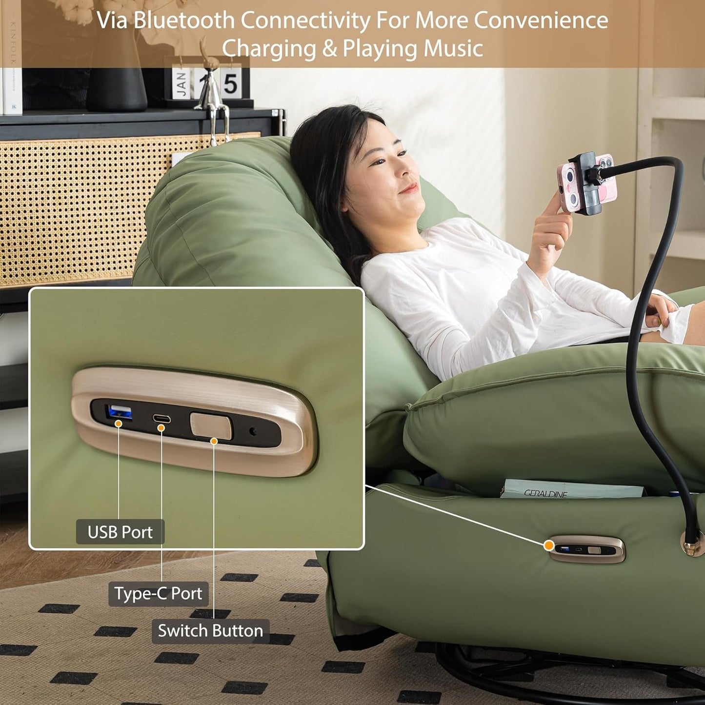 Power Swivel Glider Recliner Chair, Electric Lift Rocker Reclining Chair for Living Room with USB Charger Port, Phone Holder, Bluetooth Speaker, Voice Wake-Up Function, Faux Leather (Green)-4