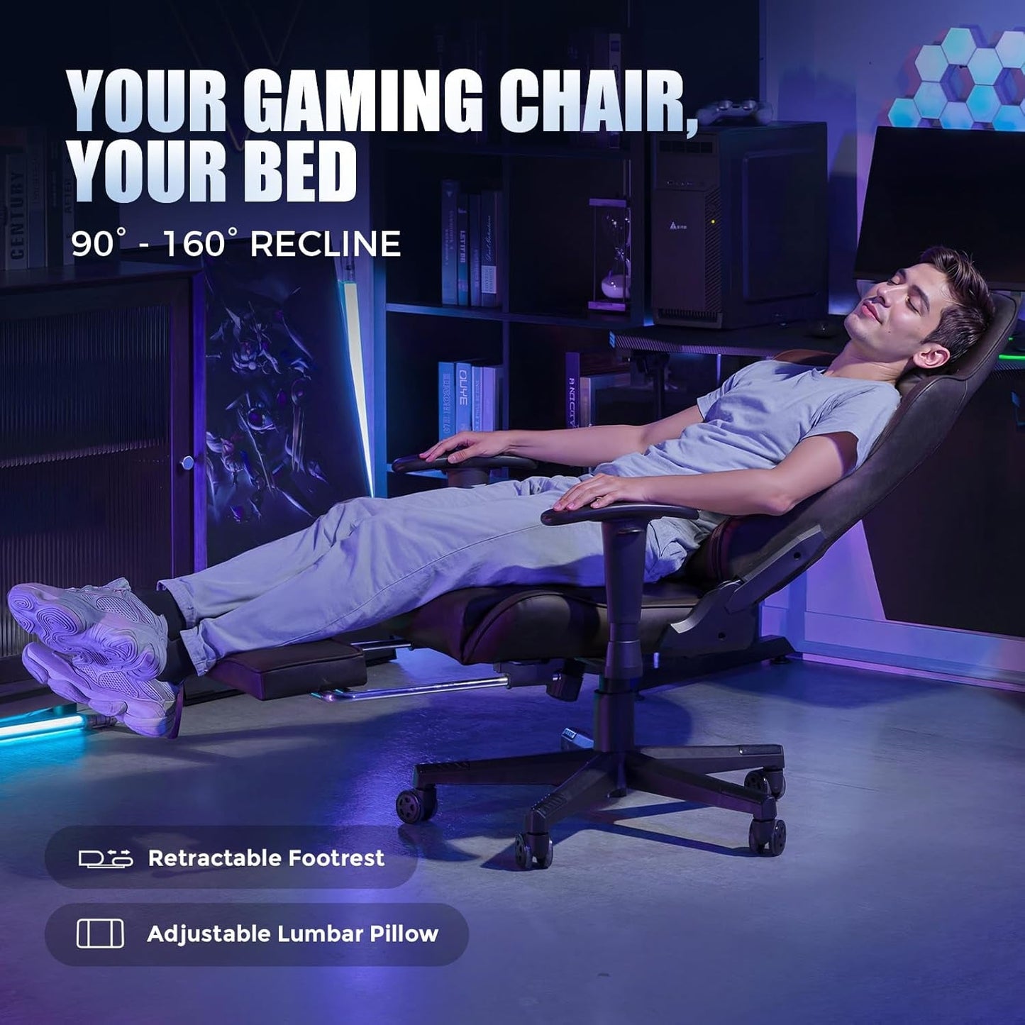 Gaming Chair with Footrest, Racing Style Computer Chair for Adult, Adjustable Reclining Backrest and Lumbar Support, Stylish High Back Chair for Gaming and Office (Brown)-3