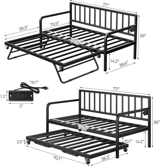 Daybed with Charging Station and LED Lights, Height Adjustable Twin Daybed with Trundle, Metal Sofa Bed Frame with Steel Slat Support for Living Room, Bedroom and Guest Room, Black-1
