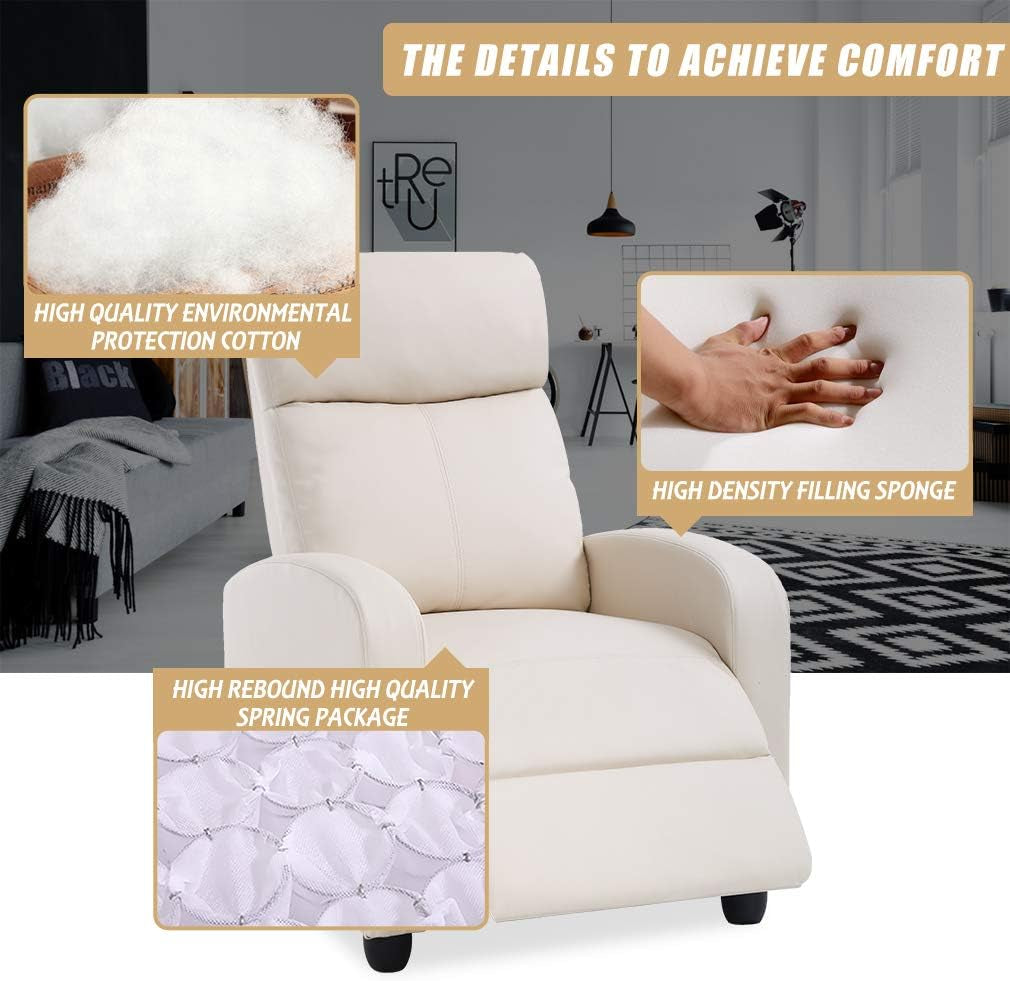 Recliner Chair for Living Room Recliner Sofa Reading Chair Winback Single Sofa Home Theater Seating Modern Reclining Chair Easy Lounge with PU Leather Padded Seat Backrest (Beige)-4