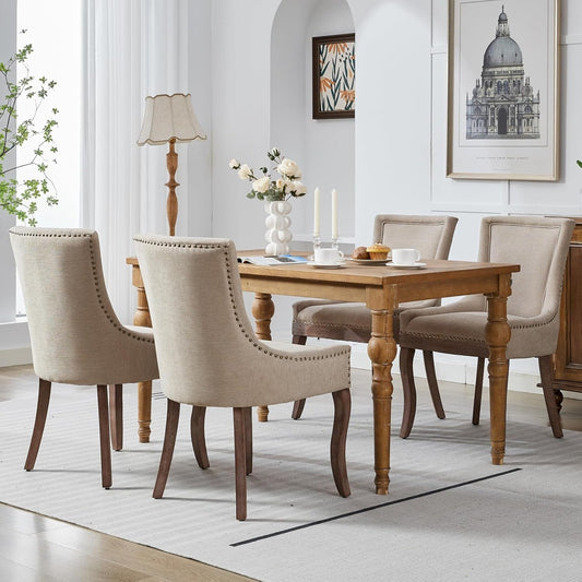 Modern Dining Chairs Set of 4, High Back Dining Chairs Side Chairs with Solid Wood Legs, Upholstered Fabric Dining Room Chairs for Dining Room Kitchen, Beige-1