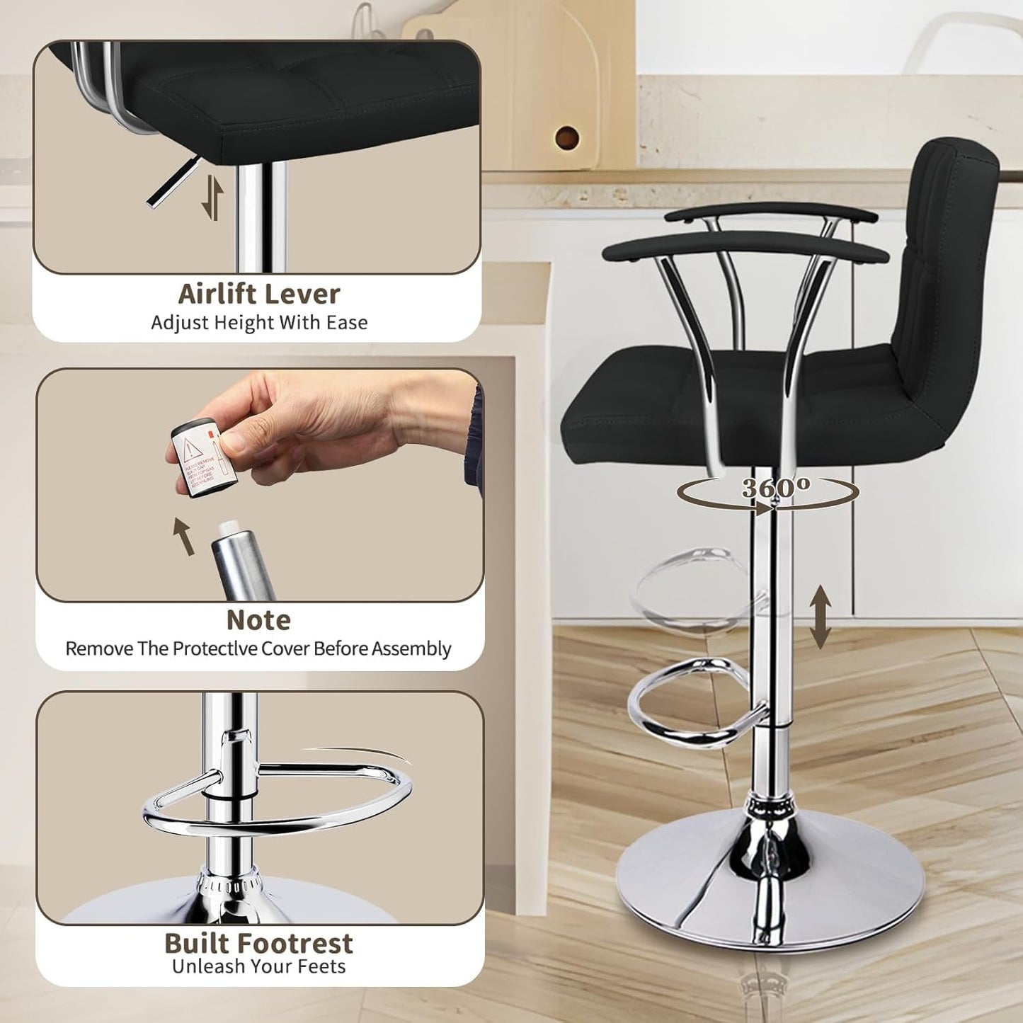 Bar Stools Set of 2,Armrest Adjustable Swivel Barstools with Back,Double Needle PU Leather Counter Height Bar Stools for Kitchen Island, Black-4