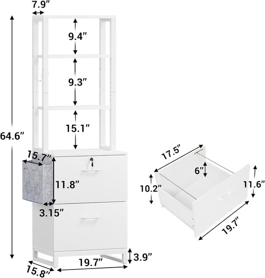 2 Drawer File Cabinet, Filing Cabinet with Lock Fits Letter, Legal, A4 Size, File Cabinets for Home Office with Storage Bag, Open Shelf and Hook, White-1