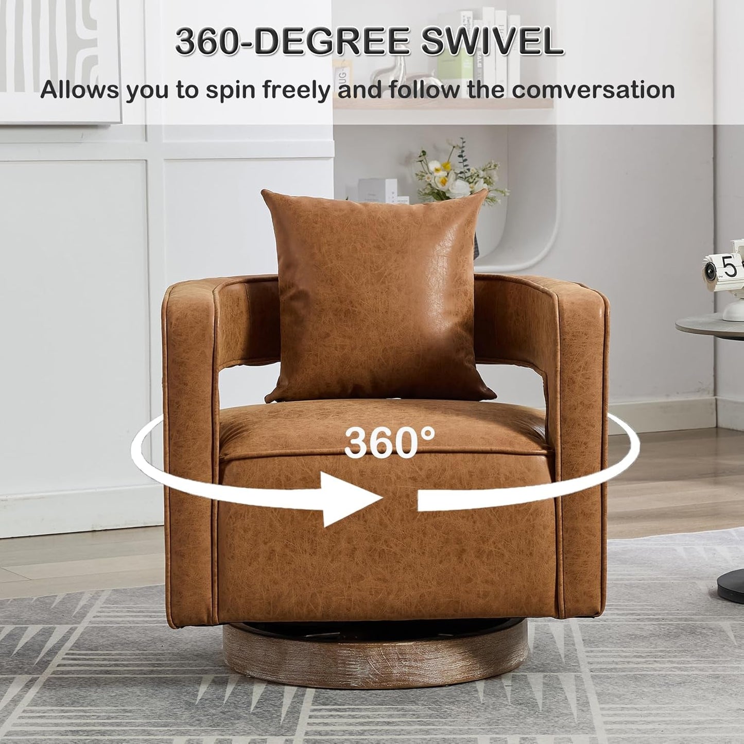 Swivel Accent Chair, Modern Swivel Barrel Chair for Living Room, 360 Degree Comfy Square Swivel Chair with Open Back, Upholstered Armchair for Bedroom,Reading, PU Leather, Brown-2