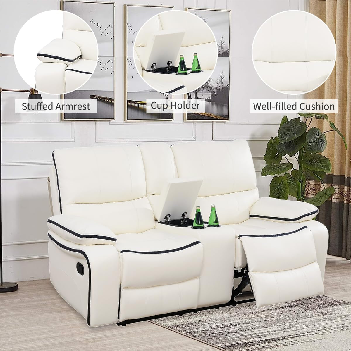 Leather Recliner Sofa Set,Leather Living Room Furniture Set with Storage Console/Cup Holders,Reclining Sofa Set for House/Home Theater(Sofa&Loveseat 2 Pieces,White)-3