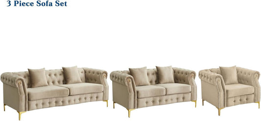 3 Piece Living Room Set, Mid-Century Style Sofa,Button Tufted Armchair Loveseat Couch with Square Pillows and Nailhead Trim for Living Room Beige-1