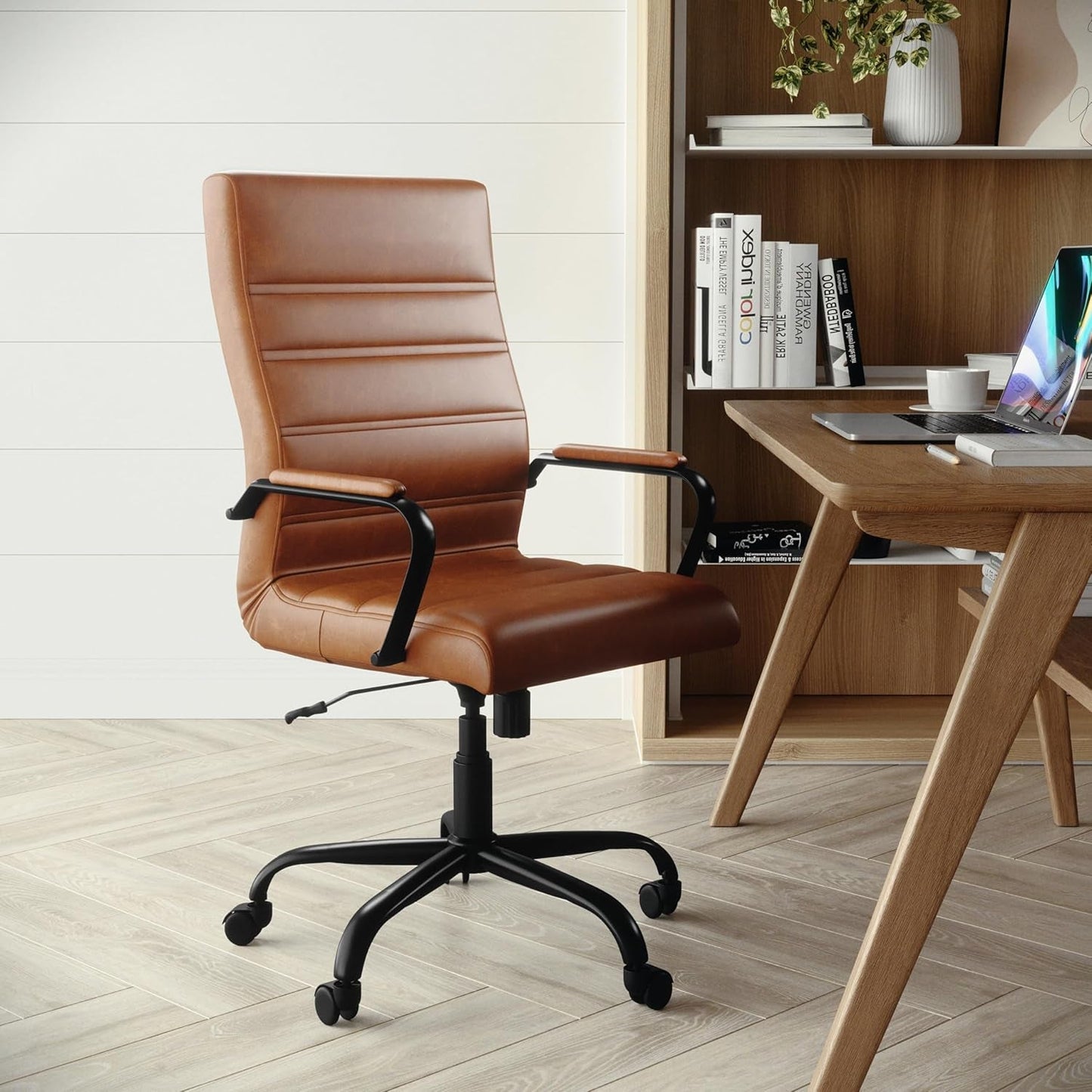 Whitney High-Back Swivel Leathersoft Desk Chair with Padded Seat and Armrests, Adjustable Height Padded Leathersoft Office Chair, Brown/Black Gold-1