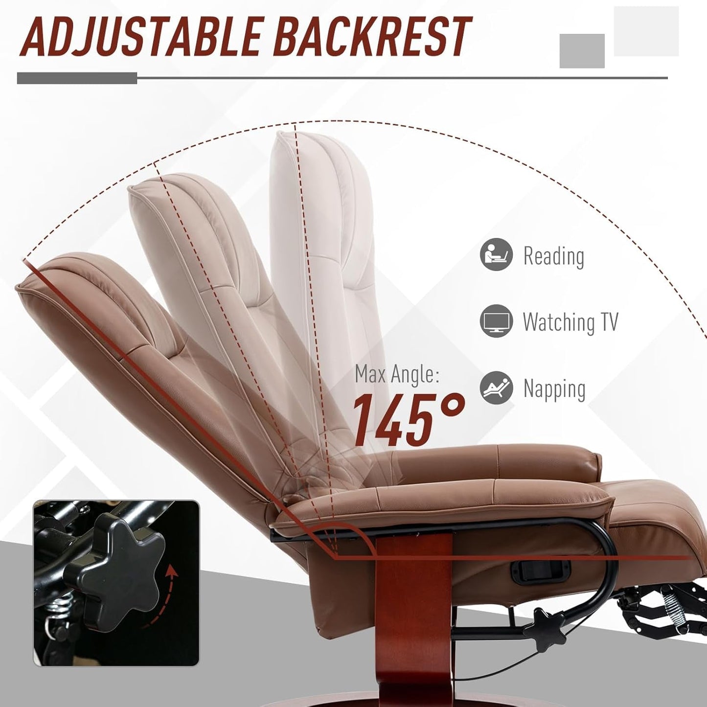 Faux Leather Manual Recliner, Adjustable Swivel Lounge Chair with Footrest, Armrest and Wrapped Wood Base for Living Room, Brown-3