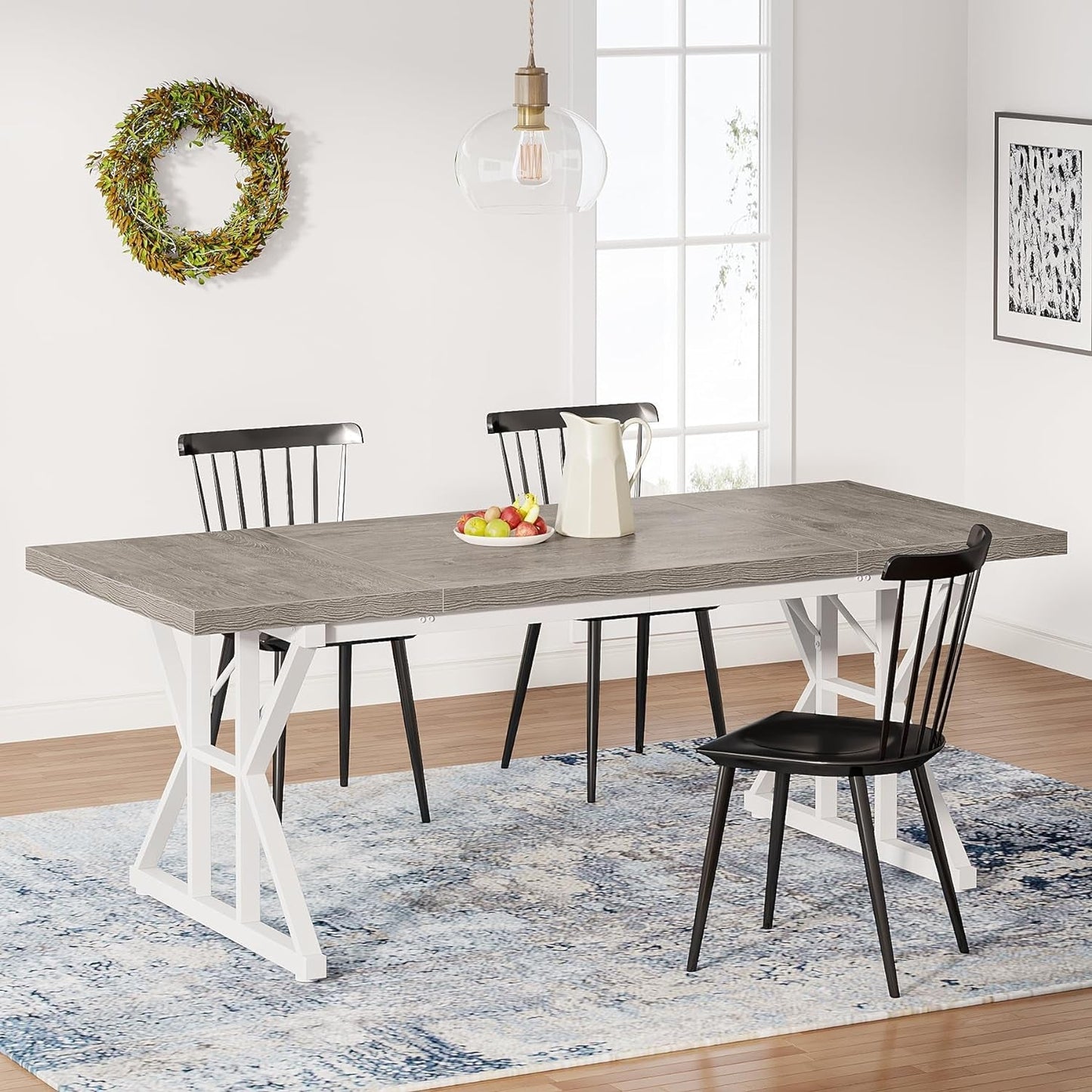 Farmhouse Dining Table for 6 People, 70.8-Inch Rectangular Wood Dining Table, Rustic Kitchen Table with Heavy Duty Metal Legs for Dining Room(Grey)-0