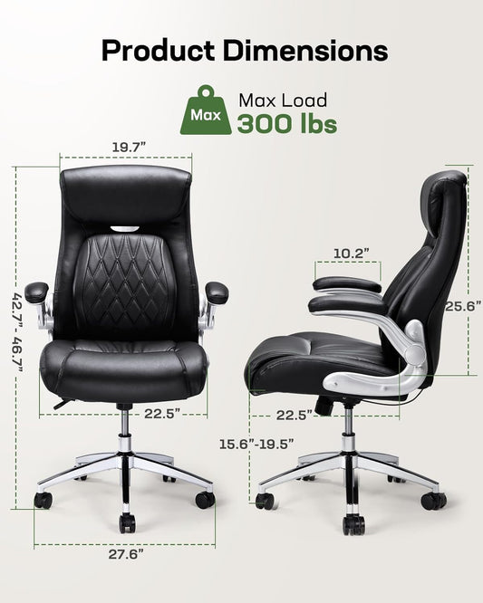 Comfortable-Office Chair with Dynamic-Lumbar Support: High Back PU Leather Executive Office Chair with Flip-Up Arms Tilt Function, Ergonomic Executive Desk Chair for Home Office Work, Black-1