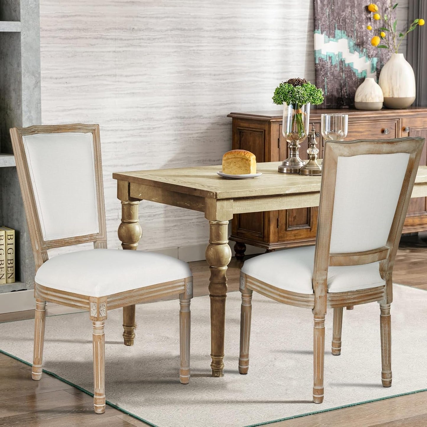 Dining Chairs Set of 2 Beige Fabric Square Back with Solid Wood Legs and Frame for French Country Kitchen Dining Room-3