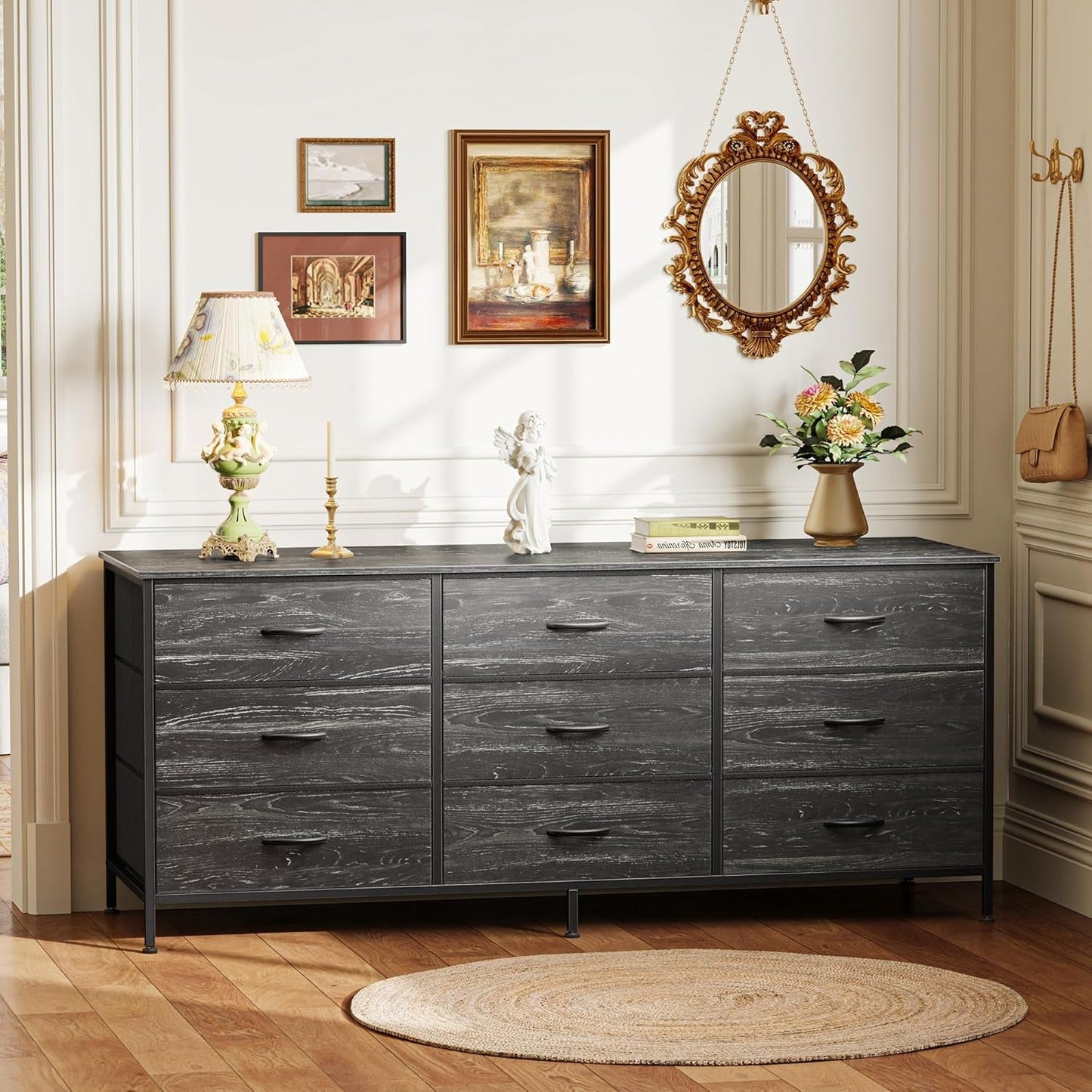 9 Drawer Dresser, 55 Inch Dresser TV Stand for 55, 60 Inch TV, Entertainment Center with Drawers, Large Storage Fabric Dresser for Bedroom, Closet, Charcoal Black Wood Grain Print-4