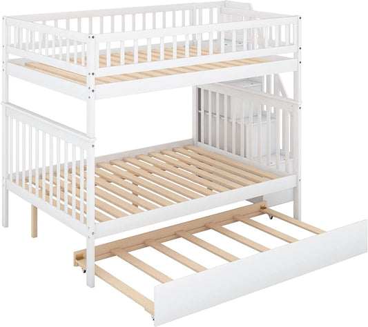 White Full Bunk Bed with Trundle, Staircase, and Bookcase-1