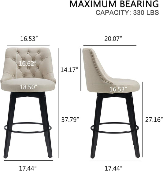 Swivel Bar Stools Set of 4, Linen Counter Height Bar Stools with Back, Wooden Bar Stools for Kitchen Island, Upholstered Bar Stools (Beige)-1