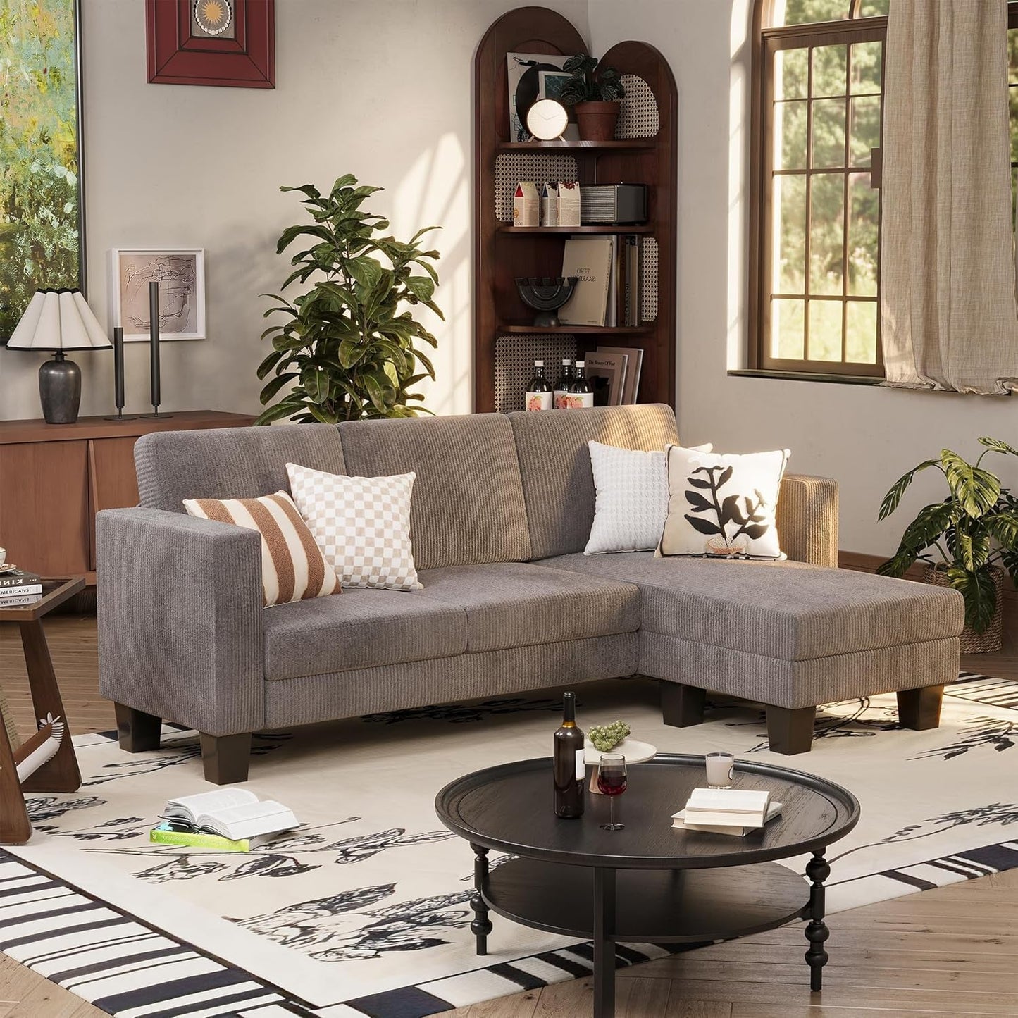 Convertible Sectional Sofa Couch, 3 Seat L-Shaped Sofa with Linen Fabric Ottoman Small Couch for Small Apartments, Living Room and Office (Corduroy, Gray)-2
