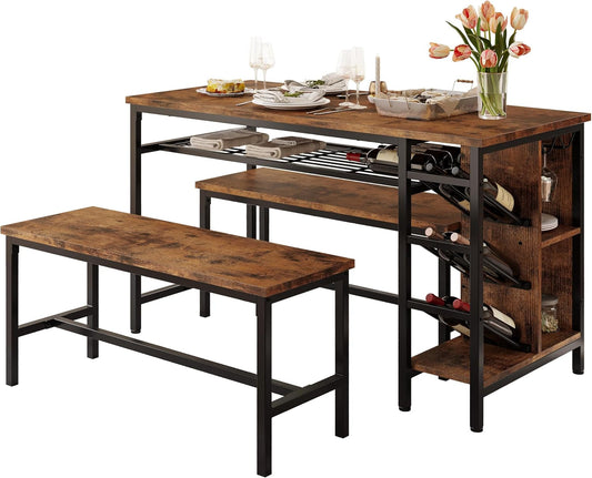 3-Piece Dining Table Set for 4, 47Inch Kitchen Table with 2 Benches, Wine Rack and Glass Holder, Space-Saving Dinette for Dining Room, Apartment, Vintage Brown-1