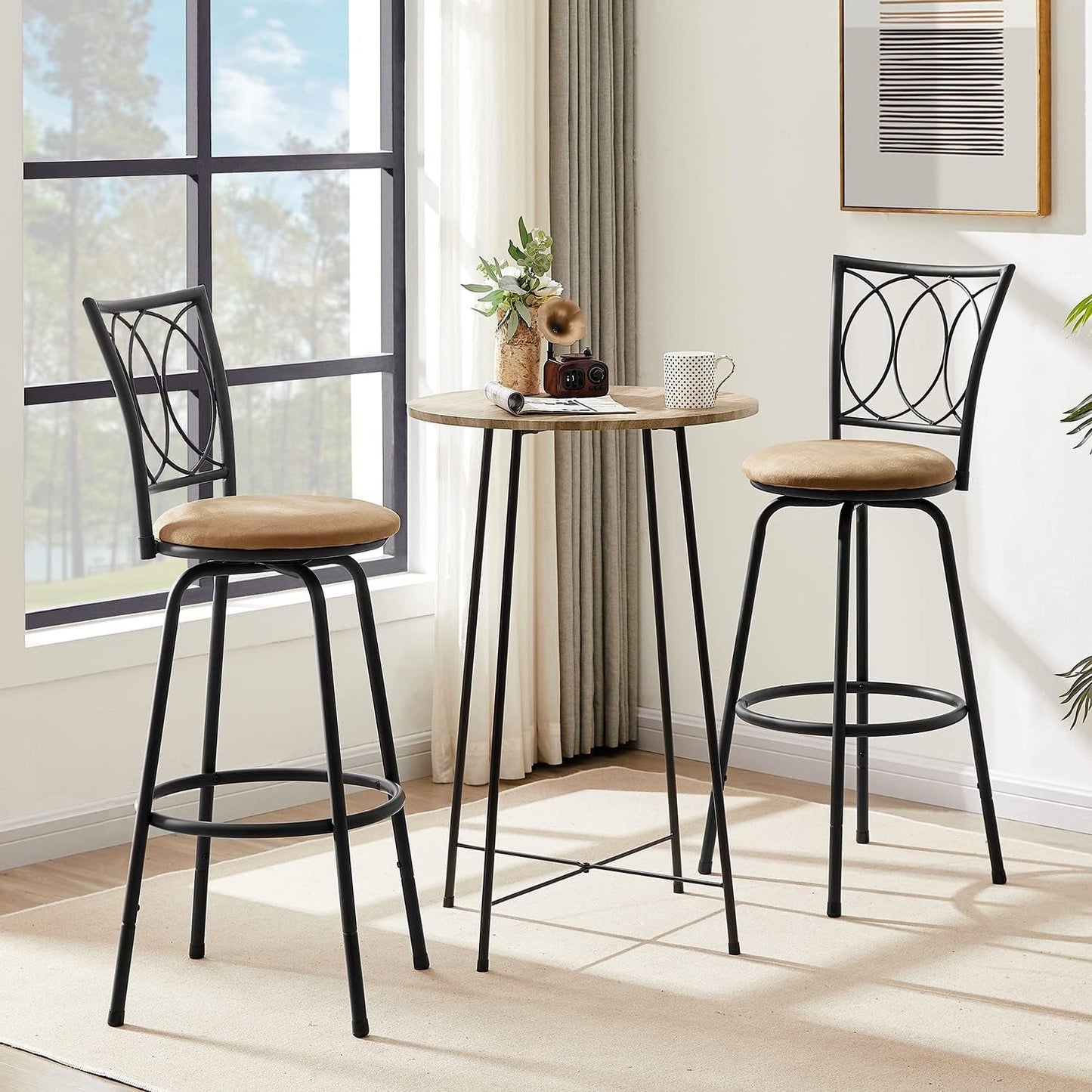 Bar Stools, 24/29" Adjustable Barstool,Swivel Counter Stool with Upholstered Seat,Steel Bistro Pub Chairs, Curved Line Backrest, Set of 2-1