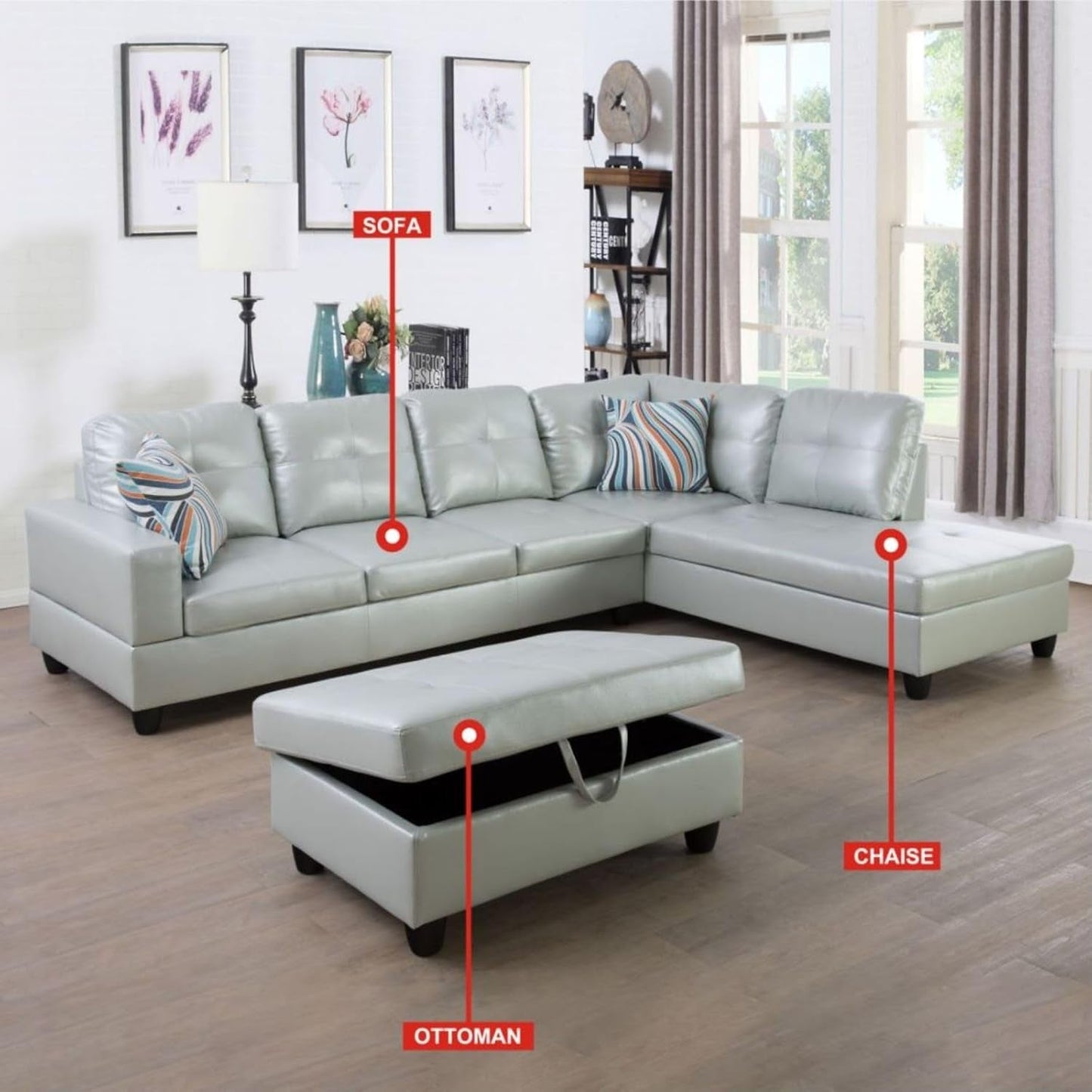 L-Shaped 3-Piece Semi PU Synthetic Leather Sofa with Storage Ottoman Set, Sectional Couch Sofa Set for Living Room, Office, Small Space, Silver Green-2