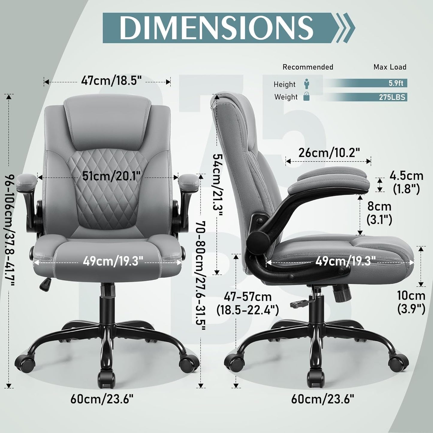 Leather Office Chair, PU Home Computer Desk Chairs with Ergonomic Back Support, 360°Swivel Free,Small Gmaing Chair with Wheels and Adjustable Armrests, for Short People Use, Gray-2