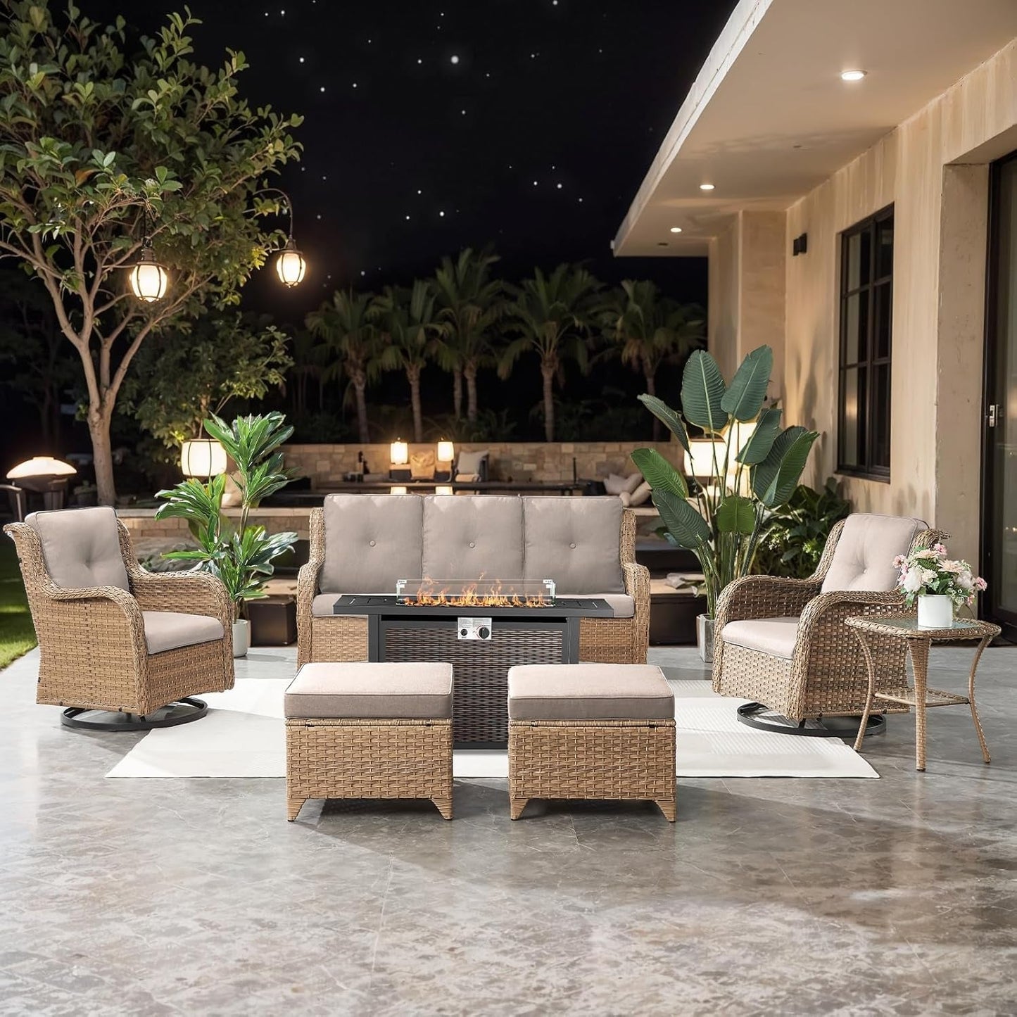 7 Pieces Patio Furniture Set with Fire Pit Table, Wicker Rattan Outdoor Furniture Set with Swivel Rocker Chairs for Yard, Deck, Garden, Yellow/Beige-0