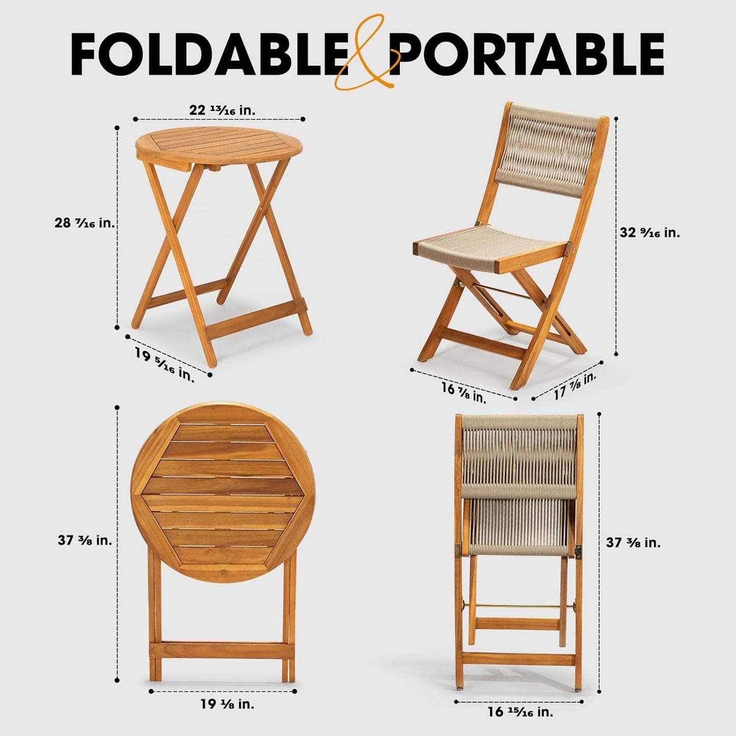 Wood Rope Design Heavy Duty 400Lbs Capacity Patio Bistro Set 3 Piece Outdoor, Folding Chairs with Elegant-4