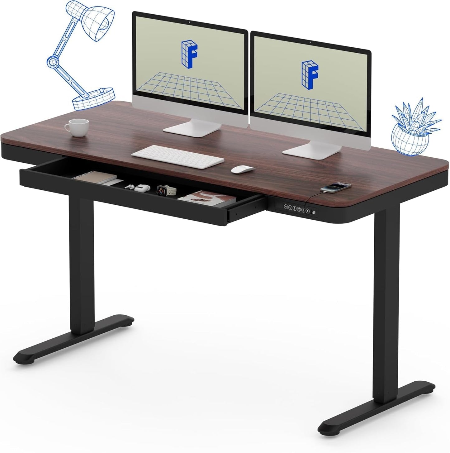 55" Electric Standing Desk with Drawers, Quick Assembly Home Office Sit Stand Desk with Storage, USB Charging, Computer Desk for Home Office (55" Wood, Dark Walnut/Black)-0
