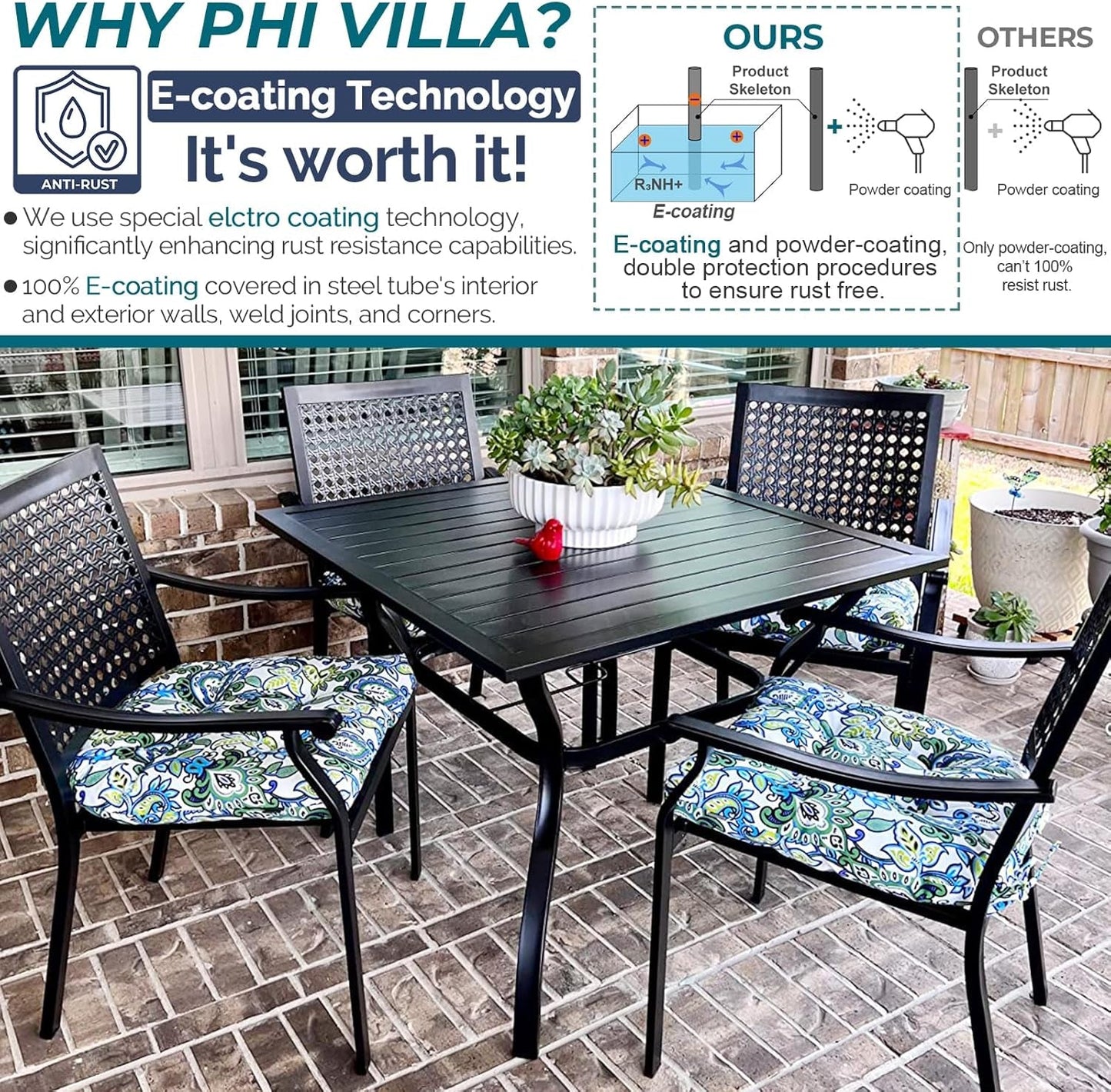 5 Pieces Outdoor Meal Dining Set for 4, Square Wrought Iron Table & Stackable Dining Chairs, Heavy-Duty Dining Furniture Set for Patio, Deck, Backyard, Porch-1