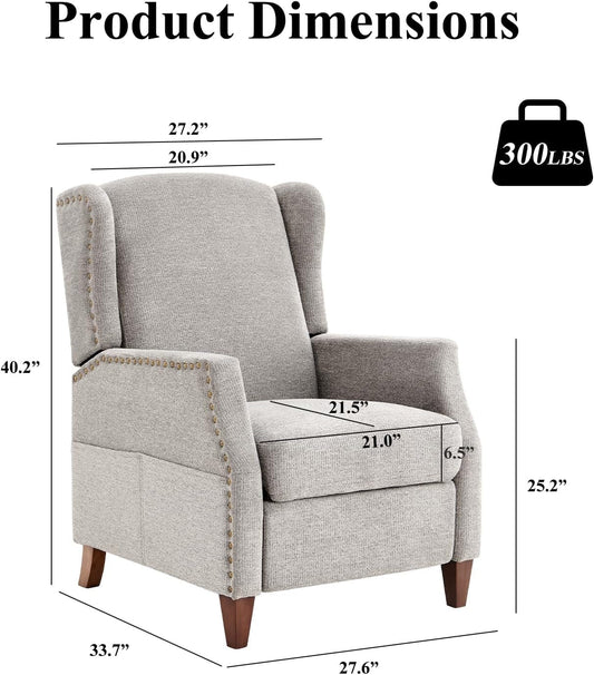 Wingback Pushback Recliner Chair with Storage Pocket, Upholstered Fabric Living Room Chair Armchair, Single Reclining Sofa with Wood Legs and Nailhead Trim for Home/Bedroom, Light Grey-1