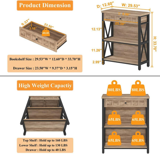 Rustic Bookshelf with Drawer, Industrial Wood and Metal Bookcase, Small Book Shelf and Low Book Case for Small Space (Rustic Oak)-1