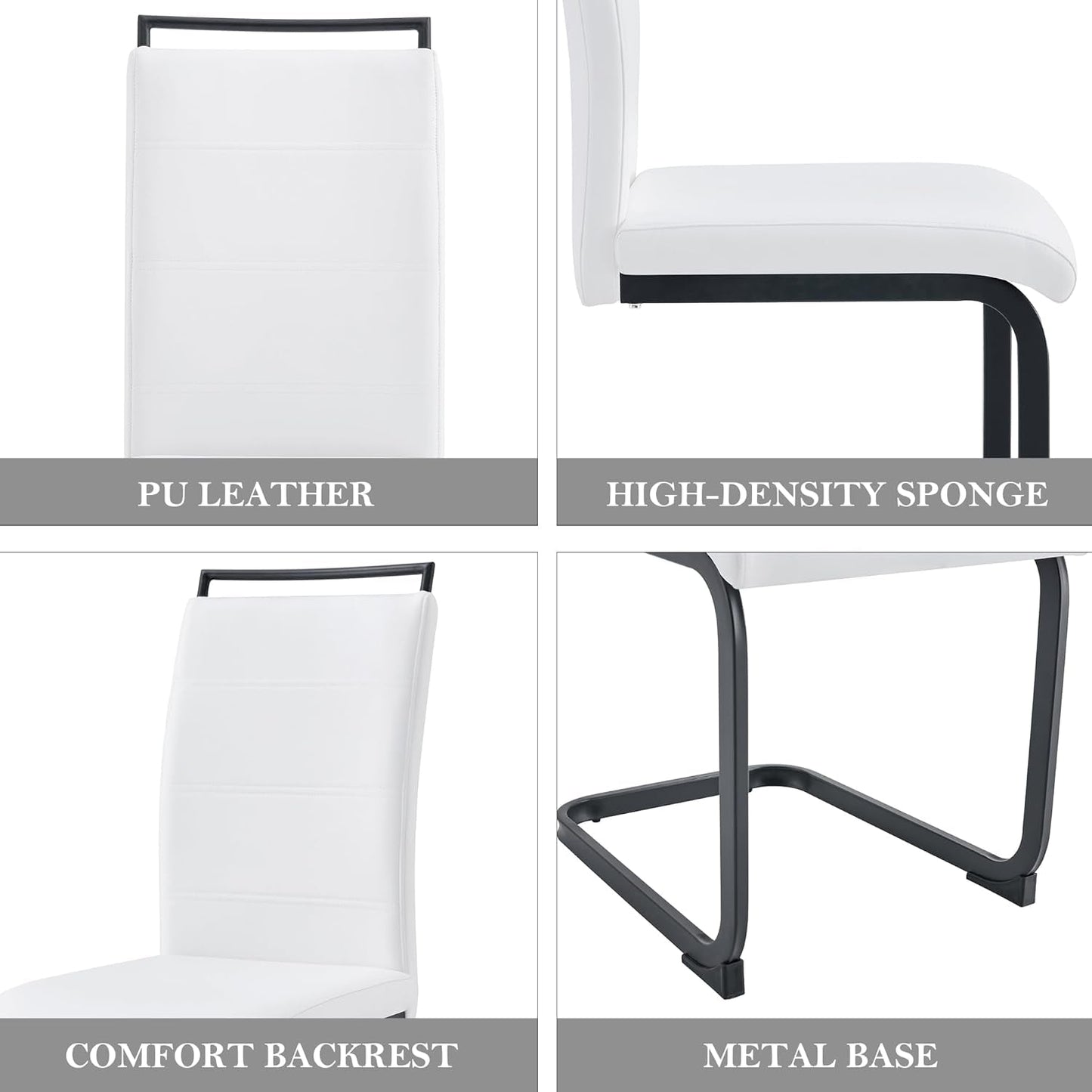 Modern Dining Chairs Set of 4, PU Faux Leather High Back Upholstered Dining Room Side Chair with Horizontal Stripe Backrest Design for Kitchen Living Room Dinner Chairs, White with Black Legs-3