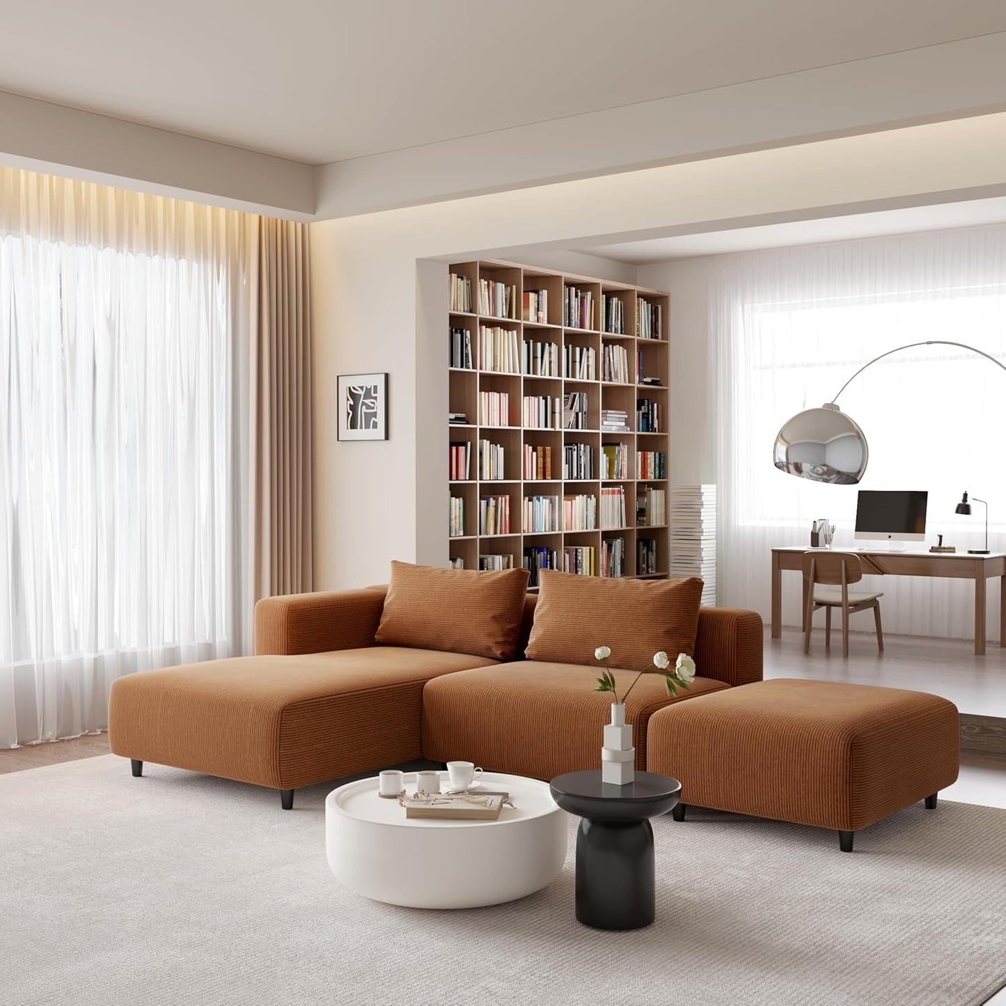 Soft Corduroy Sectional Modular Sofa Set, Modern L-Shaped Chaise Couch for Living Room, Apartment, Office, Small Spaces, Orange Brown-3