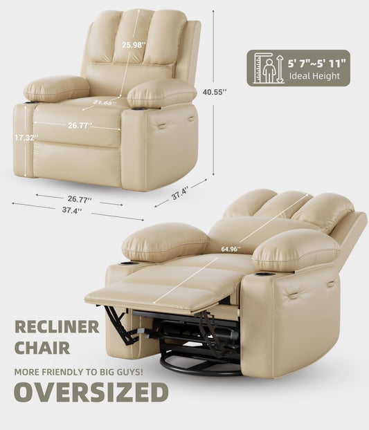 Oversized 27" Recliner Chairs with Heat and Massage - 360° Swivel Lazy Recliner Chair for Adults- Manual Rocking Chair with Cup Holder for Living Rooms, Bedrooms and Nurseries - Creamy-1