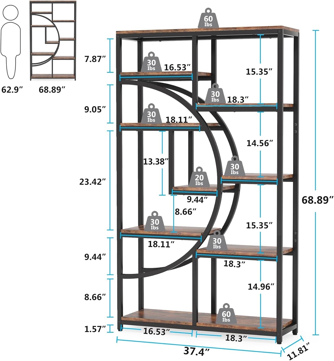 Bookshelf Industrial 5 Tier Etagere Bookcase, Freestanding Tall Bookshelves Display Shelf Storage Organizer with 9-Open Storage Shelf for Living Room, Bedroom-1