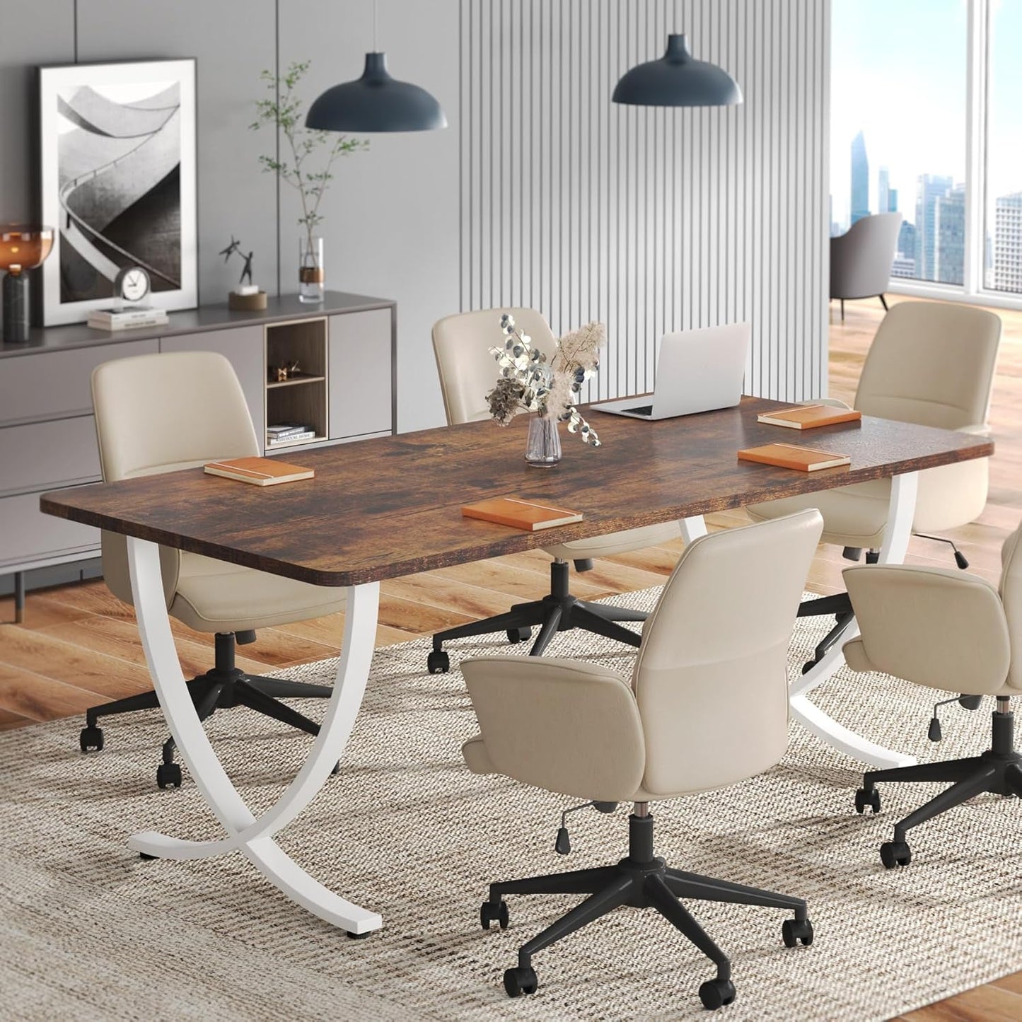 Executive Desk, 63” W X 31.5” D Large Office Desk, Modern Computer Desk Conference Table Meeting Room Table, Business Furniture for Home Office, White and Walnut-4