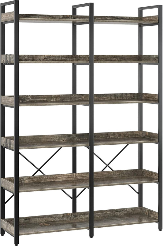 67" Wide Gray Industrial 6-Shelf Bookcase Hooks-1