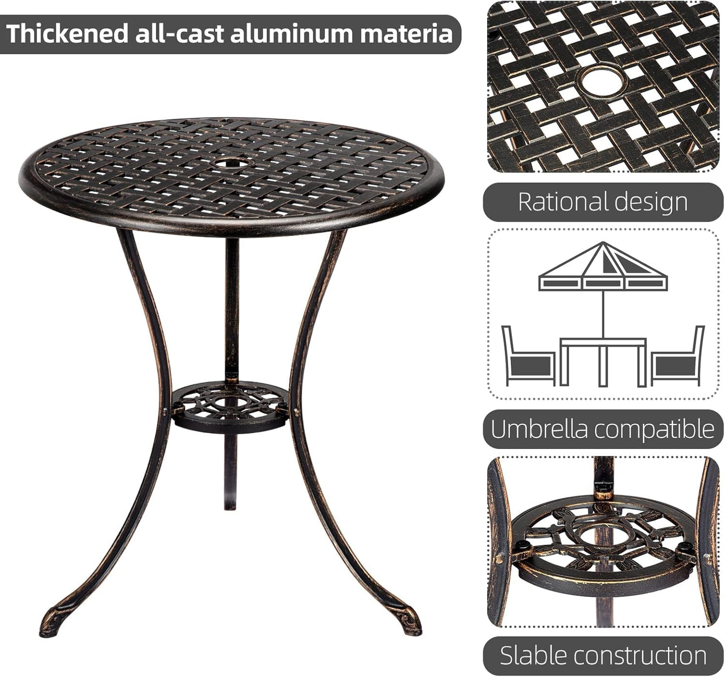 Cast Aluminum Patio Bistro Set with Umbrella Hole, 3 Piece Outdoor Bistro Set Rust-Resistant, Patio Table and Chairs, Outdoor/Indoor Use, for Garden,Backyard, Patio Balcony, Bronze-2