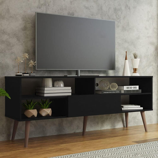 Modern TV Stand with 1 Door and 4 Shelves with Cable Management for 55, 65 Inch Media Storage Media Console Living Room and Bedroom Entertainment Center Wooden Television Cabinet - Black-1