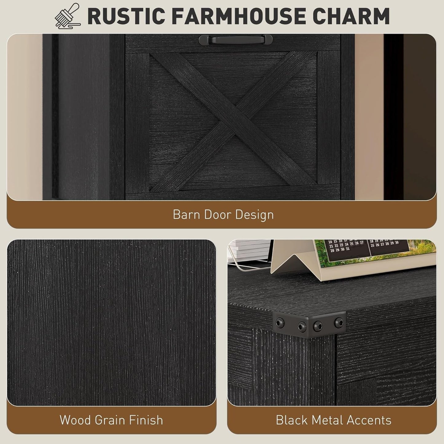2 Drawer Vertical File Cabinet with Silent Slides, Rustic Farmhouse Filing Cabinet with Barn Doors for A4/Letter Size, Printer Stand with Storage for Home Office, Distressed Black-3
