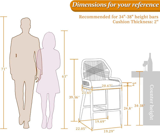 Counter Height Bar Stools Set of 4 Woven Aluminum Modern Barstools with Back and Arms for Patio Balcony Pool Accent Outdoor Kitchen Counter Stool Chairs-1