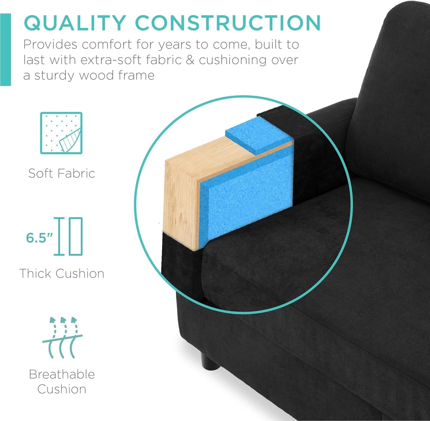 Black 3-Seat L-Shape Sectional Sofa with Ottoman-4