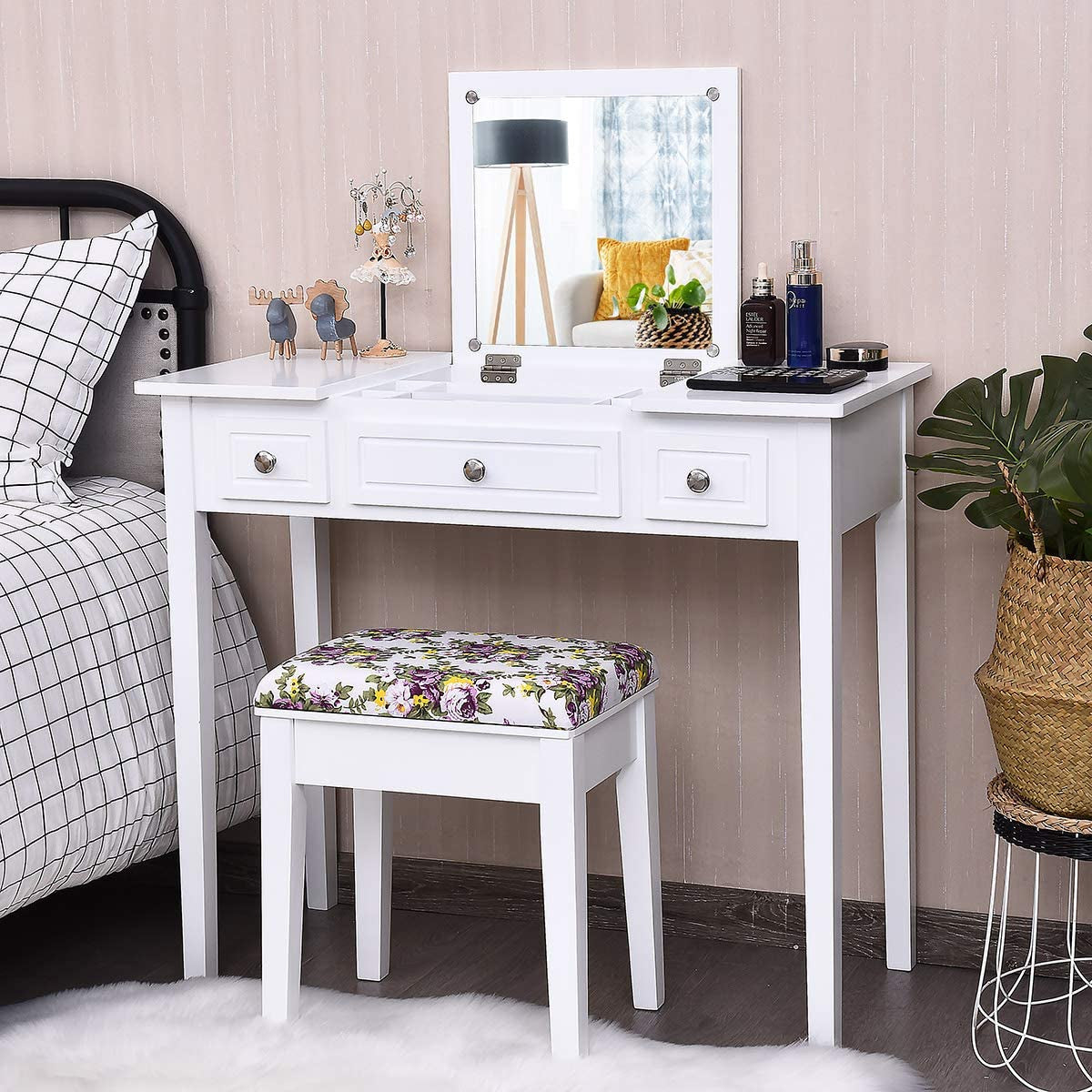 White Vanity Set with Flip Top Mirror and Drawers-0
