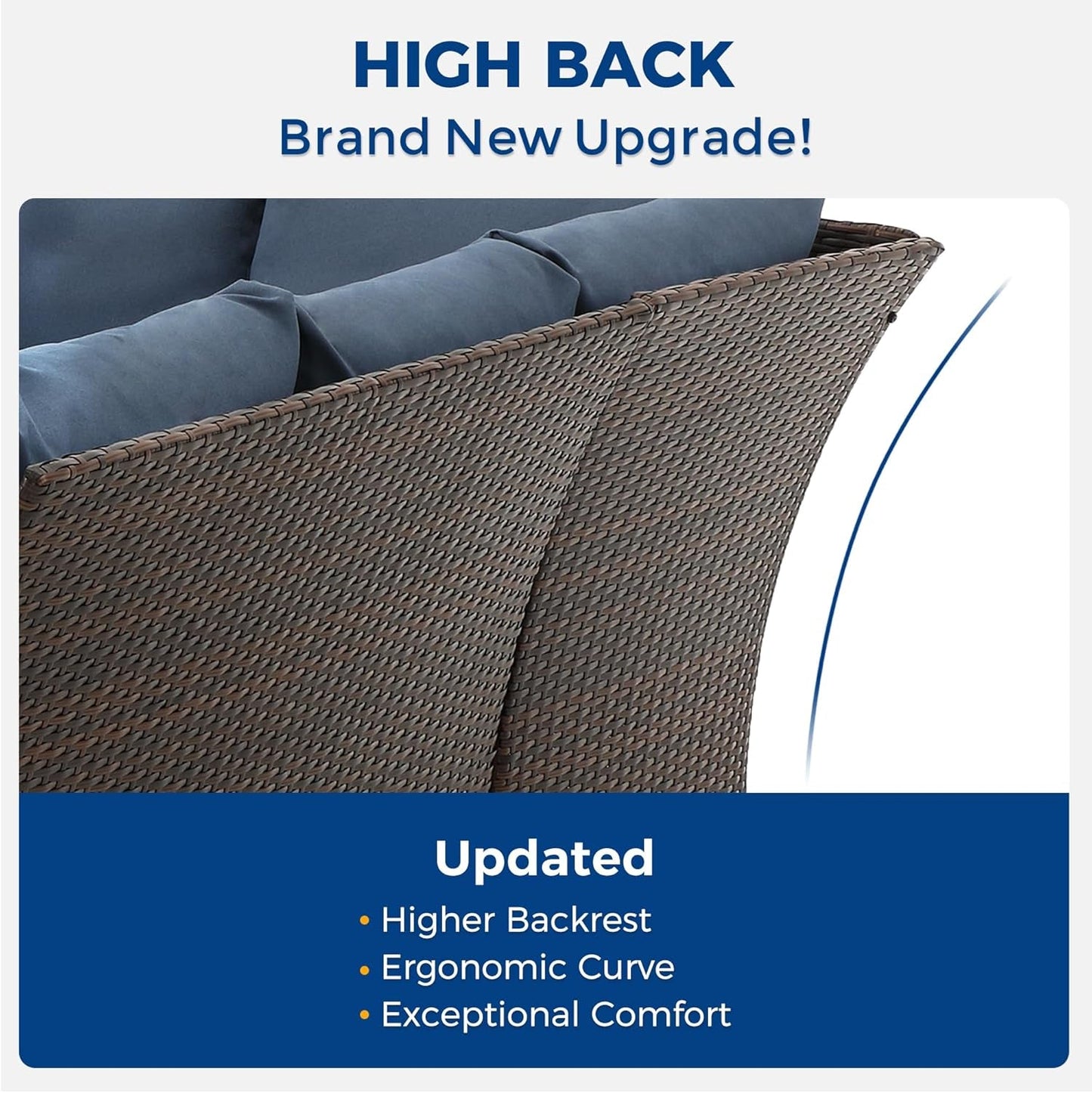 7 Pieces Patio Furniture Set Outdoor Furniture Sectional, High Back Outdoor Patio Dining Table Set, Wicker Patio Conversation Set with Cushions for Balcony Lawn and Garden, Blue-4